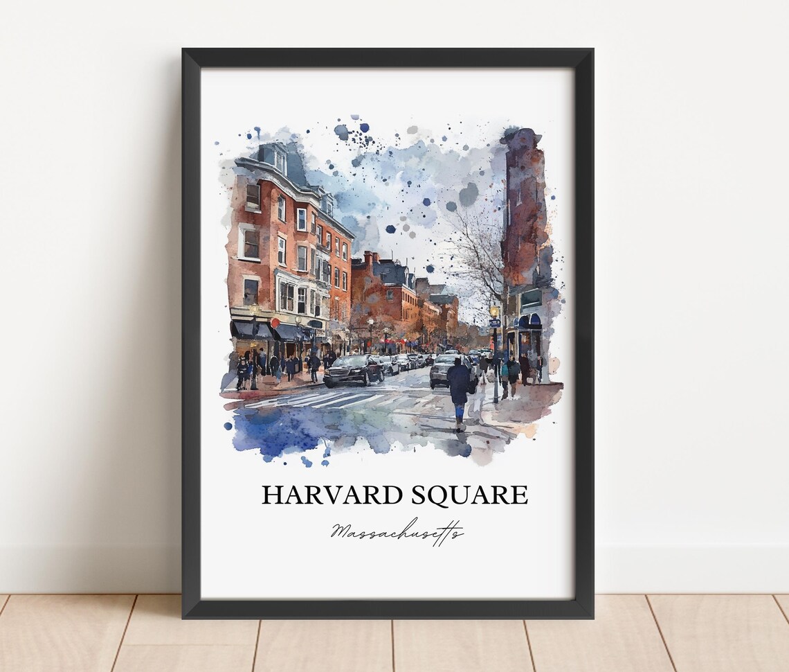 Harvard Square Massachusetts Street Scene Watercolor Travel Poster