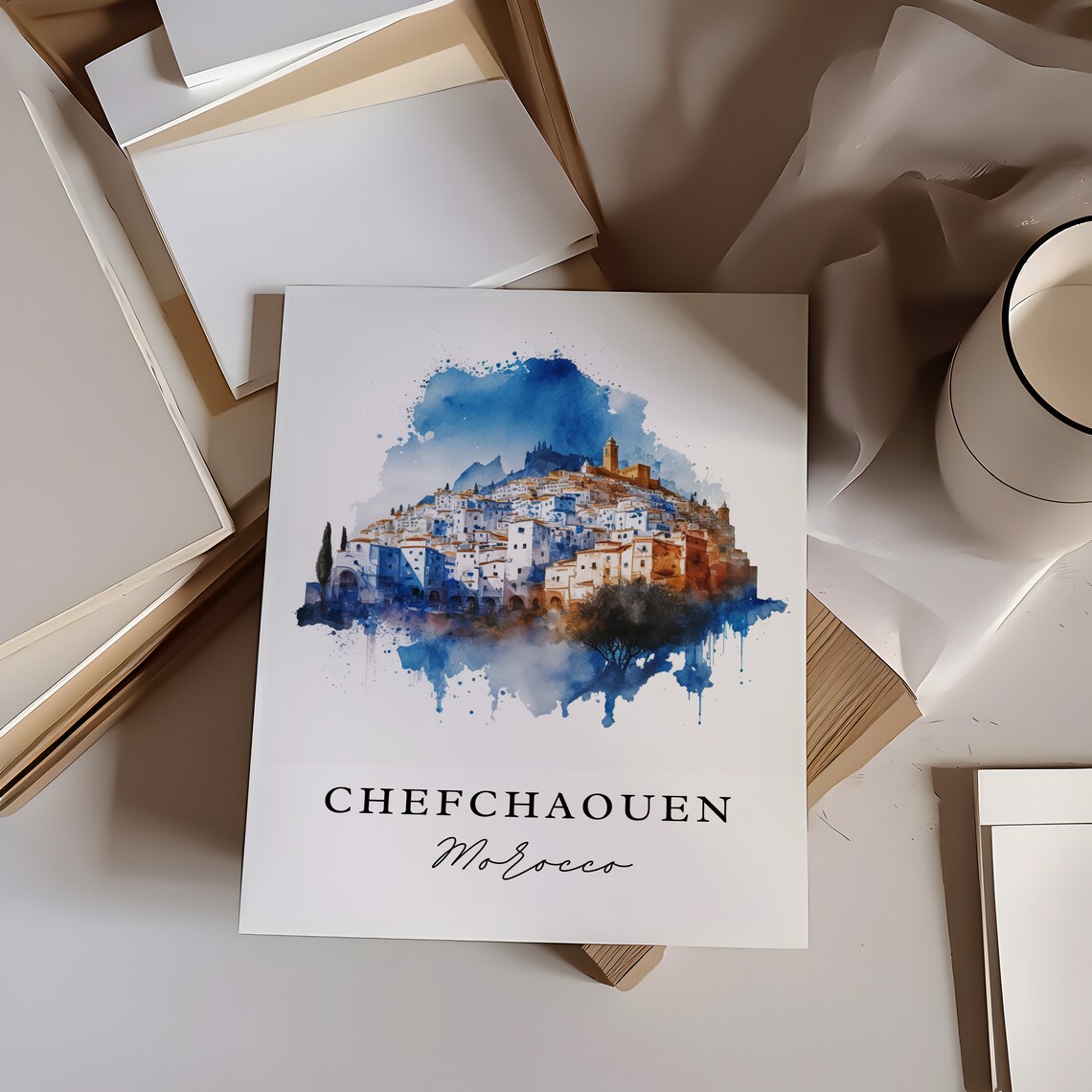 Chefchaouen Morocco Watercolor Blue City Travel Scene Poster - Image 5