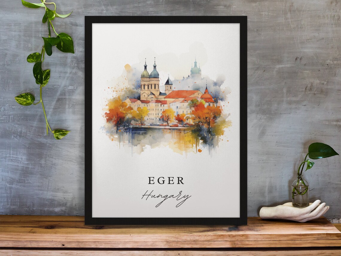 Eger Hungary Cathedral Autumn Watercolor Cityscape Travel Poster
