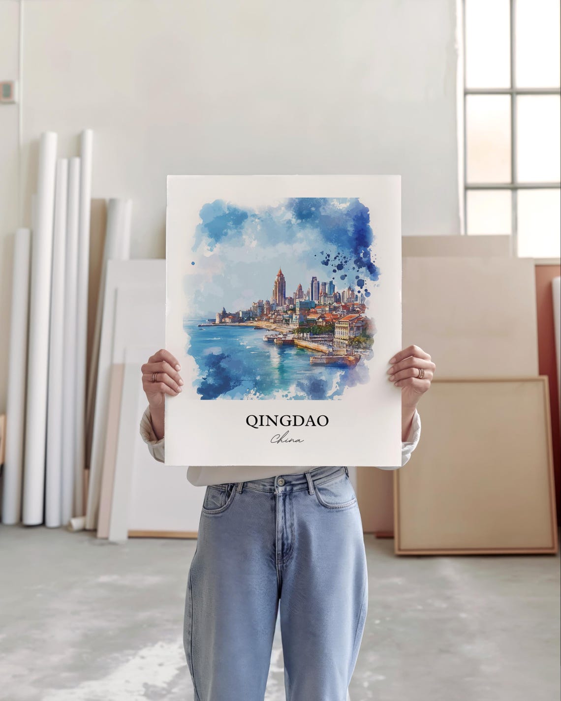 Qingdao China Watercolor Harbor Skyline Blue Sea View Poster - Image 5