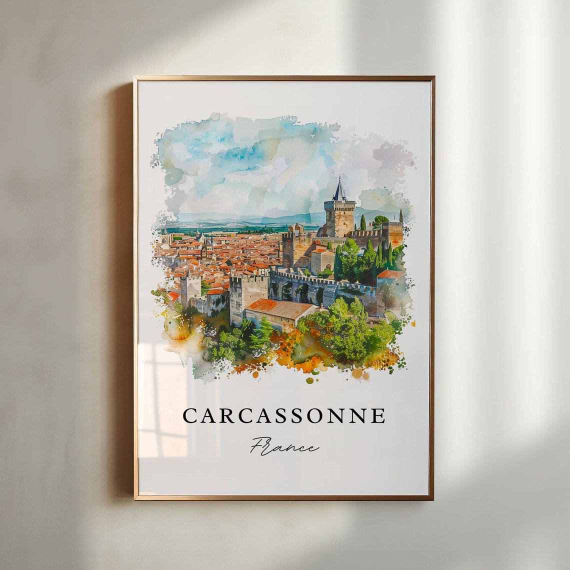 Carcassonne France Medieval Walled City Watercolor Castle Poster