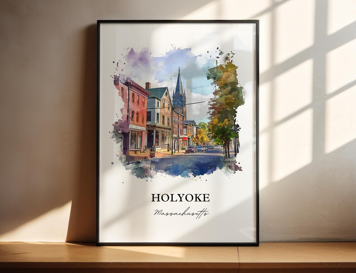 Holyoke Massachusetts Watercolor Church Steeple Street Art Poster