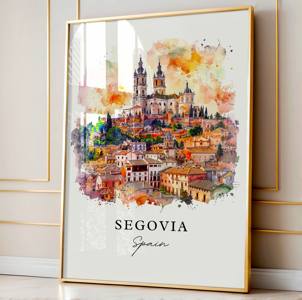Segovia Spain Watercolor Cathedral Hill Terracotta Roofs Poster - Image 4