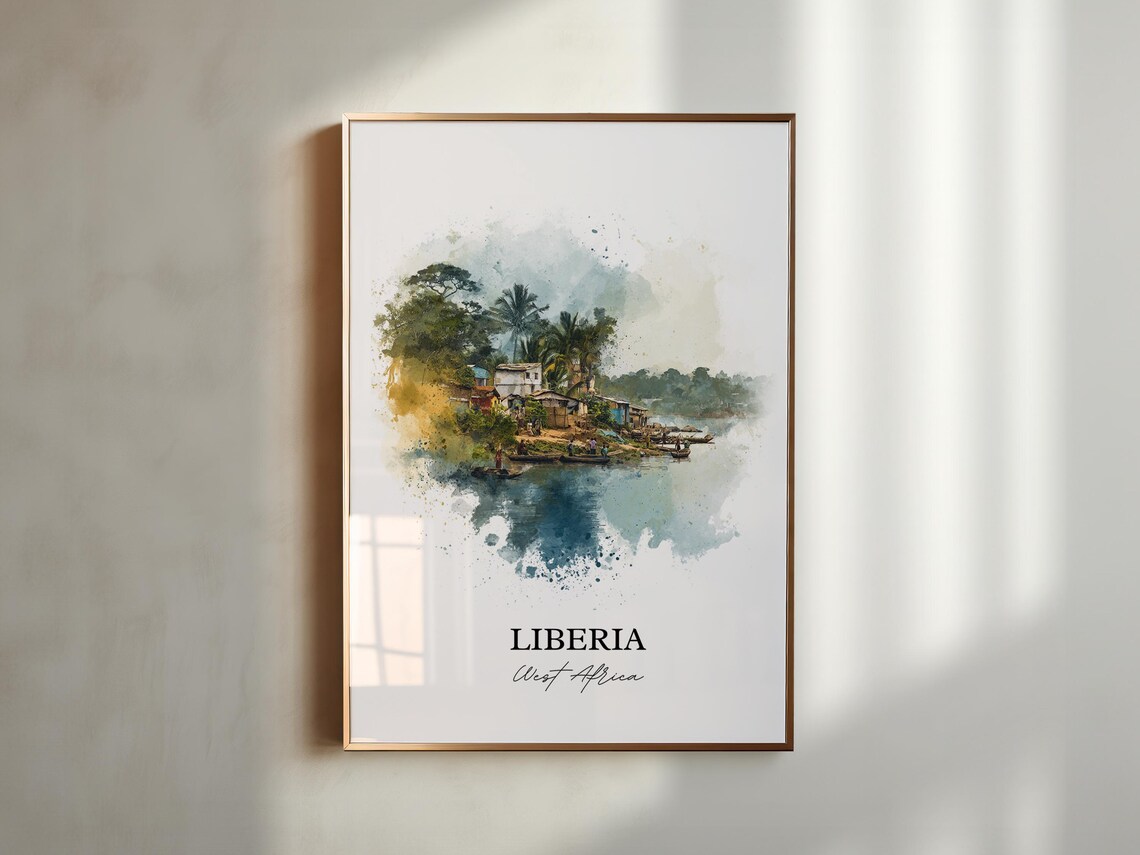 Liberia West Africa Riverside Canoe Village Watercolor Art Poster - Image 6