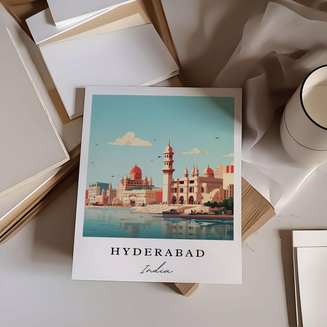 Hyderabad India Flat Vector Art Riverside Mosque Domes Poster - Image 6
