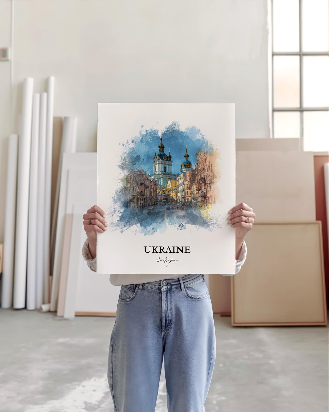 Ukraine Kyiv Blue Domed Church Watercolor Street Travel Poster - Image 5
