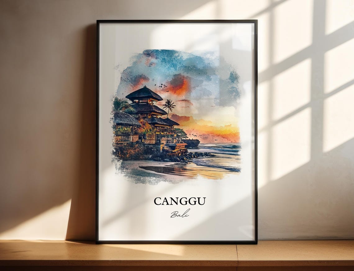 Canggu Bali Watercolor Sunset Beach Temple Golden Glow Poster