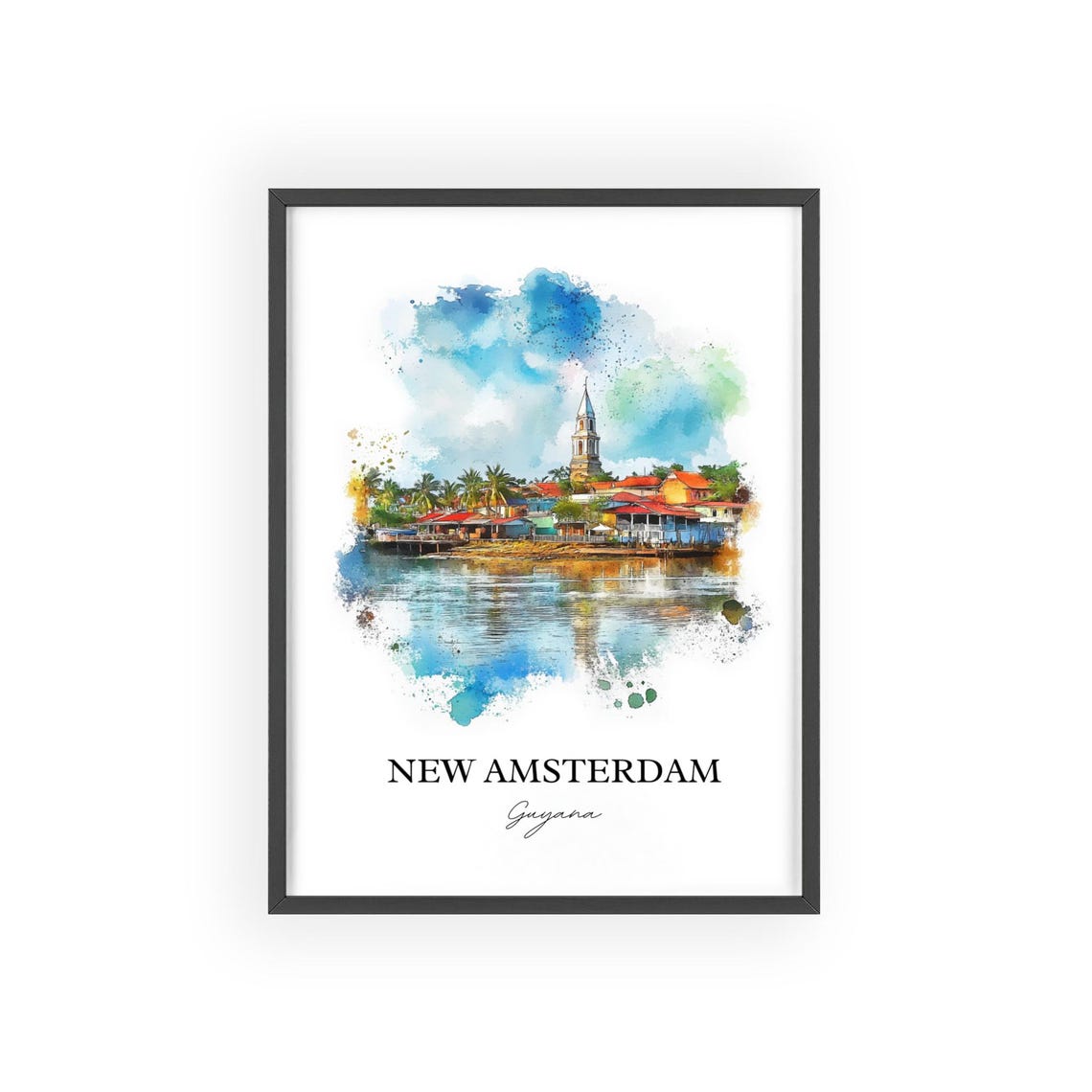 New Amsterdam Guyana Watercolor Waterfront Town Church Poster - Image 2