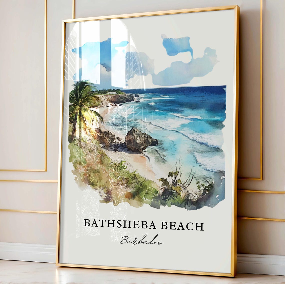 Bathsheba Beach Barbados Watercolor Atlantic Surf Rocks Palms Poster - Image 4