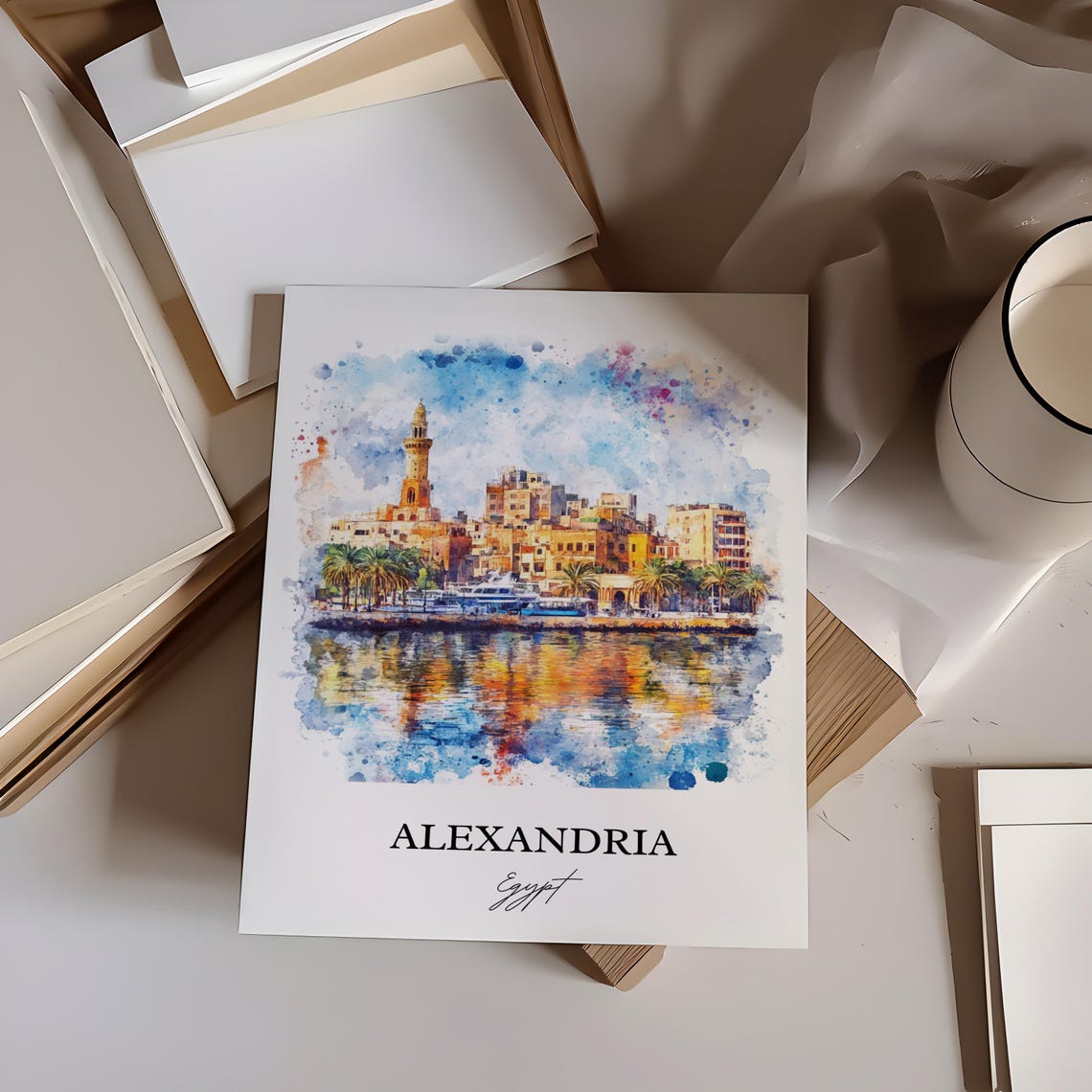 Alexandria Egypt Watercolor Mediterranean Harbor Skyline Poster - Image 3