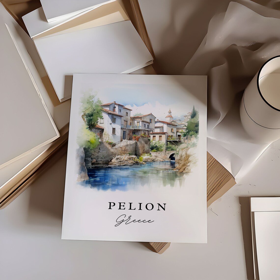 Pelion Greece Watercolor Riverside Village Travel Scene Poster - Image 6