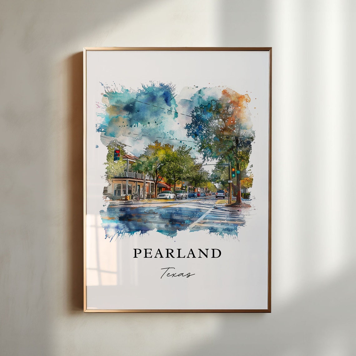 Pearland Texas Watercolor Street Scene Shops Traffic Light Poster