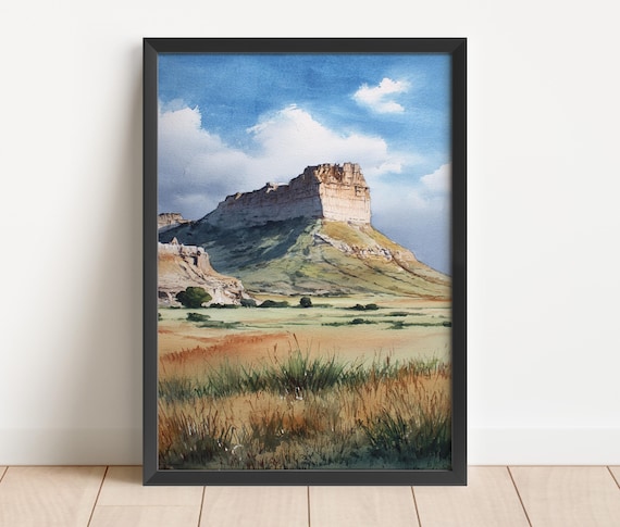 Scotts Bluff Nebraska Historic Butte Prairie Watercolor Poster
