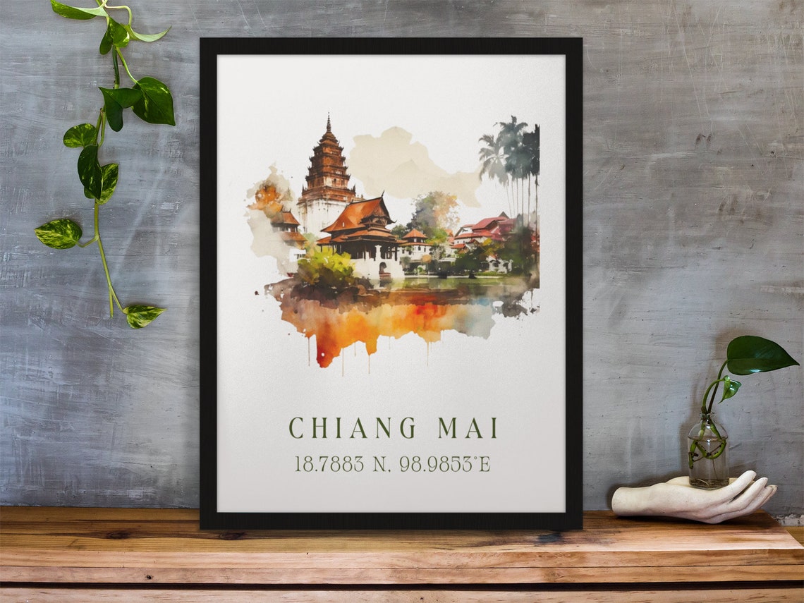 Chiang Mai Thailand Temple Pagoda Watercolor Travel Decor Poster - Image 2