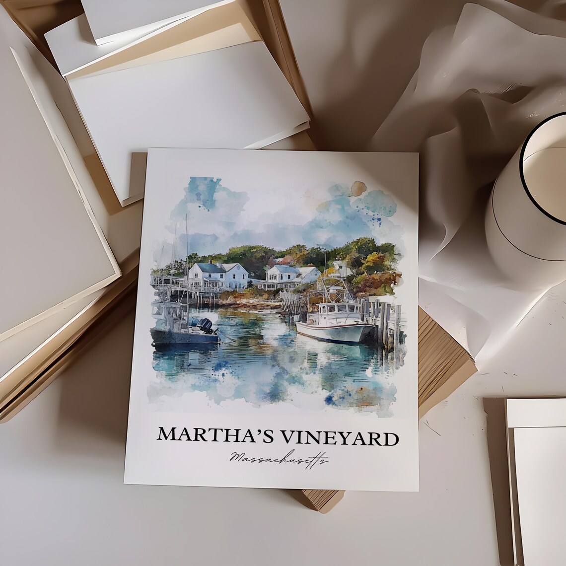 Martha's Vineyard Watercolor Fishing Boat Harbor Scene Poster - Image 5