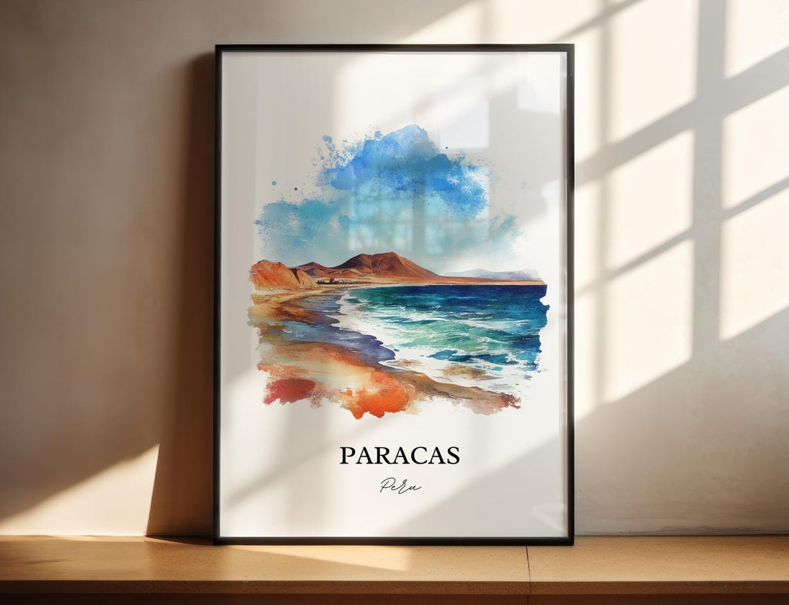 Paracas Peru Desert Beach Ocean Waves Watercolor Travel Poster