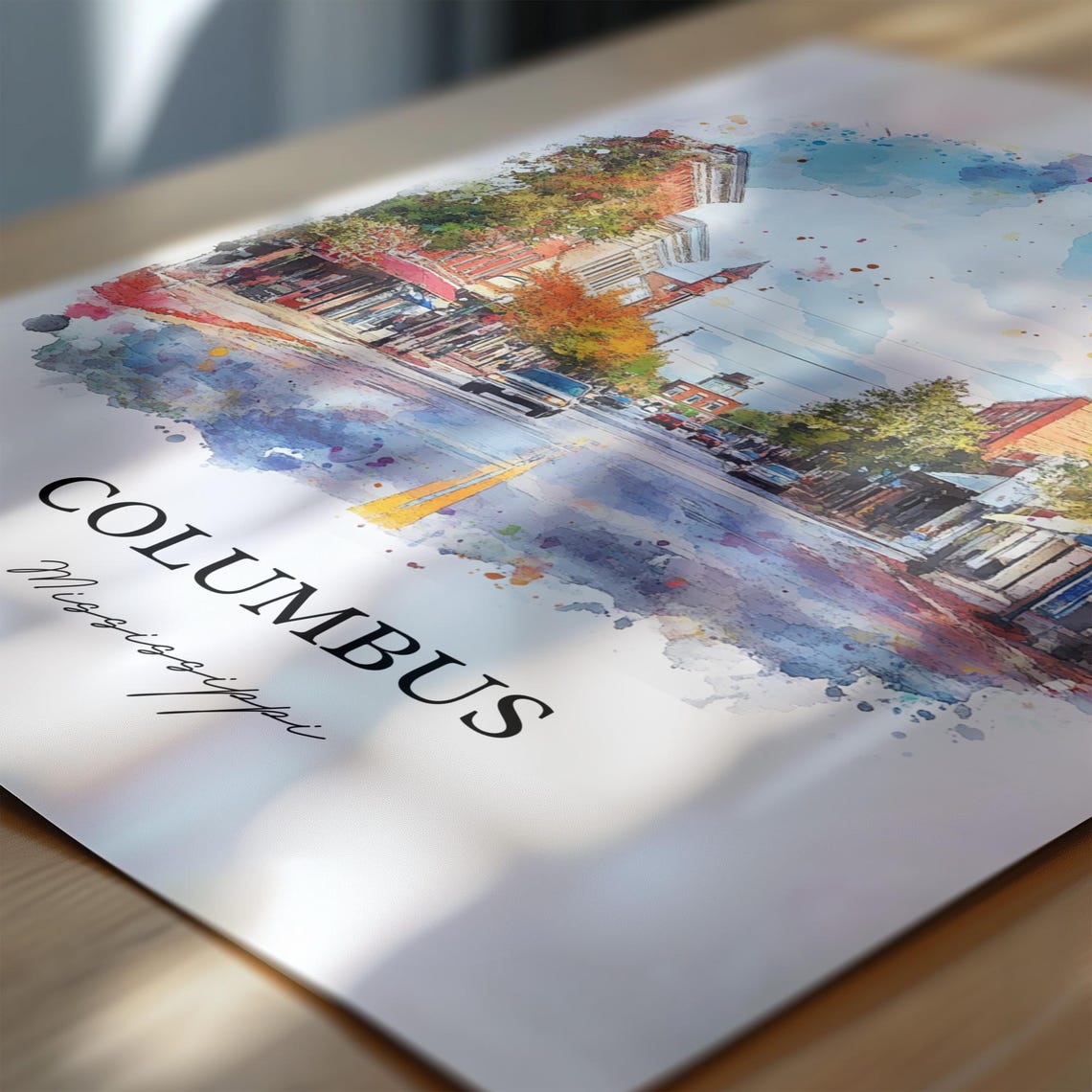 Columbus Mississippi Colorful Downtown Street Watercolor Poster - Image 6