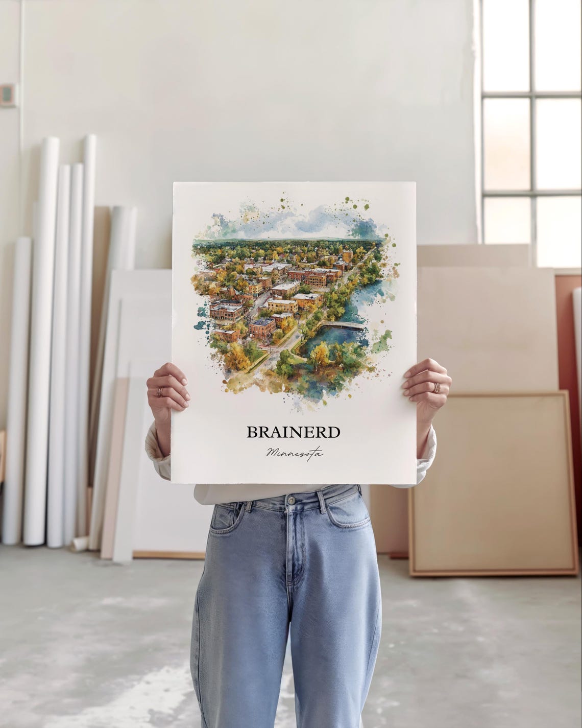 Brainerd Minnesota Downtown Lake Aerial Watercolor Art Poster - Image 3