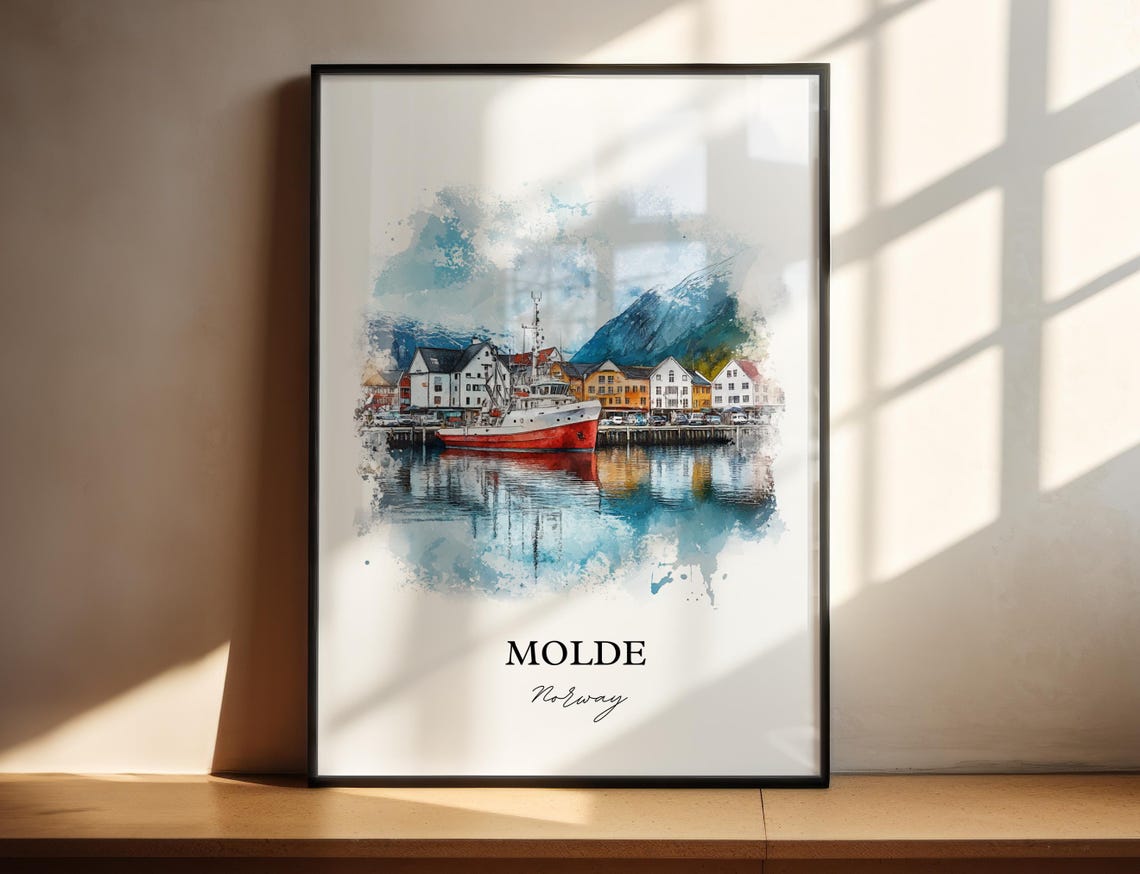 Molde Norway Watercolor Harbor Ship Mountain View Travel Poster