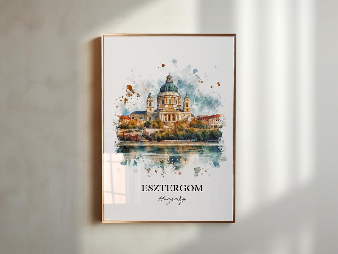 Esztergom Hungary Watercolor Basilica Dome Danube River View Poster - Image 5