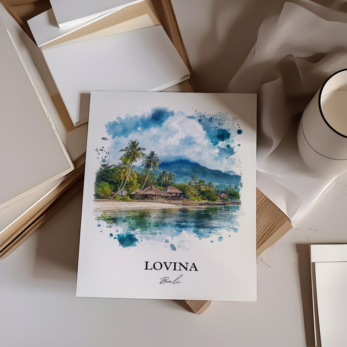 Lovina Bali Watercolor Palm Beach Mountain Bay Sunset Poster - Image 4