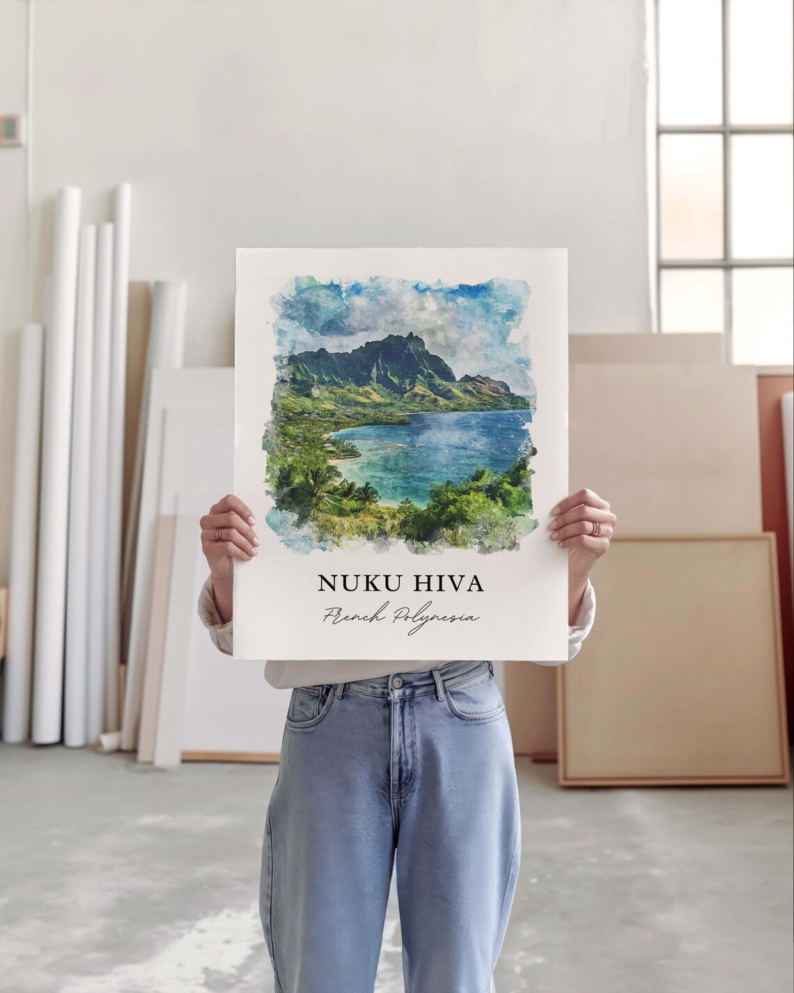 Nuku Hiva French Polynesia Lush Volcanic Island Bay Watercolor Poster - Image 3