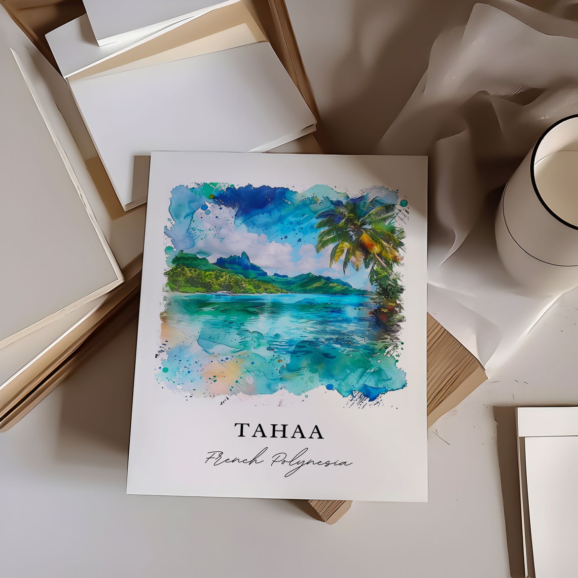 Tahaa French Polynesia Lagoon Palm Trees Watercolor Island Poster - Image 6