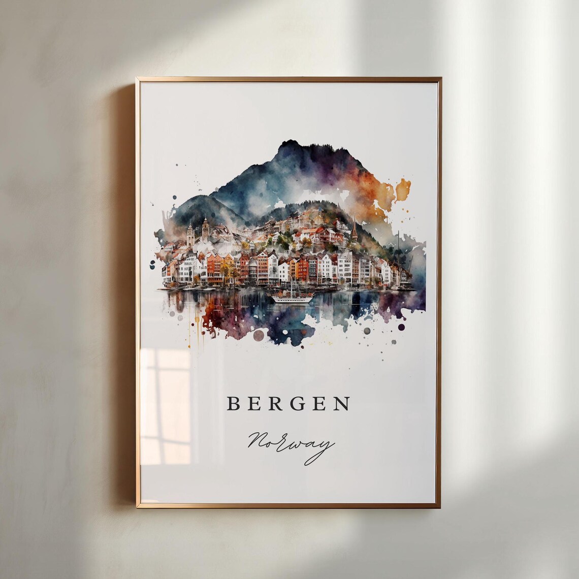 Bergen Norway Watercolor Harbor Mountain City Fjord View Poster