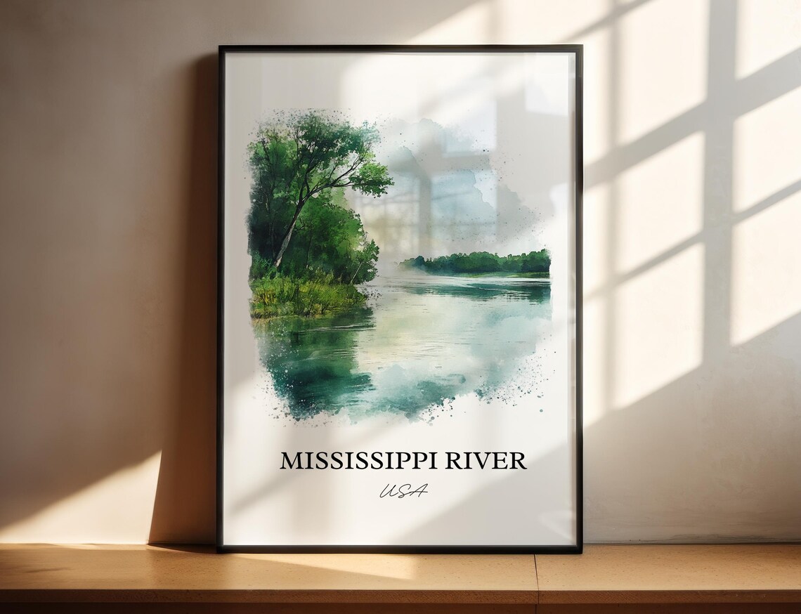 Mississippi River USA Lush Green Banks Watercolor Nature Poster