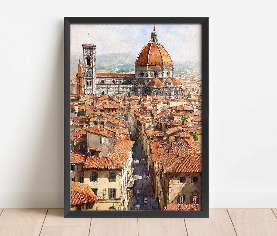 Florence Italy Watercolor Travel Poster, Skyline Decor