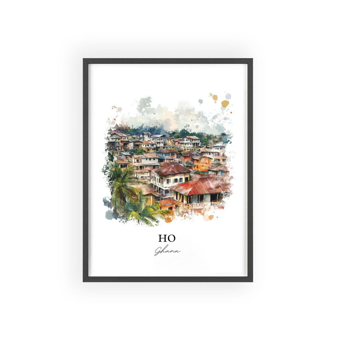 Ho Ghana Watercolor Cityscape African Town Hills View Poster - Image 2