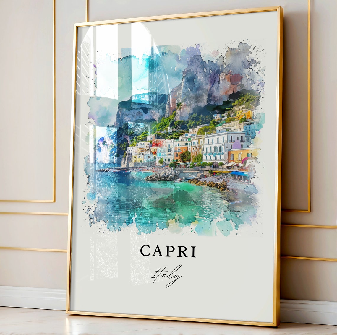 Capri Italy Island Harbor Rocky Cliffs Watercolor Travel Poster - Image 3