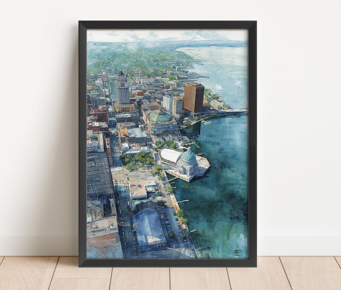 Green Bay Wisconsin Aerial Watercolor Poster with Downtown and Bay