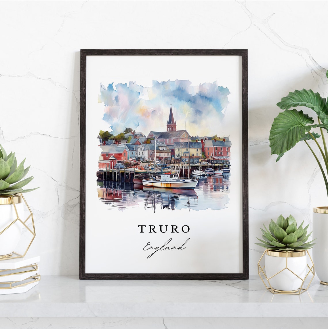Truro England Historic Harbor Boats Watercolor Coastal Travel Poster - Image 3