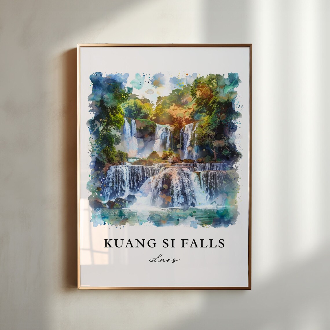 Kuang Si Falls Laos Jungle Waterfalls Watercolor Nature Travel Poster