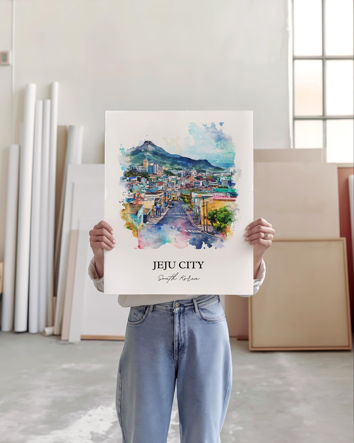 Jeju City South Korea Mountain City Watercolor Travel Poster - Image 5