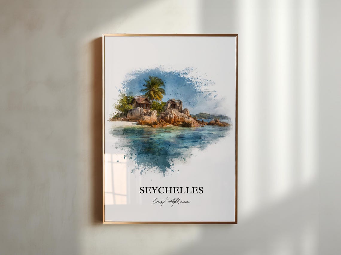 Seychelles Island Granite Boulders Beach Watercolor Travel Poster - Image 5