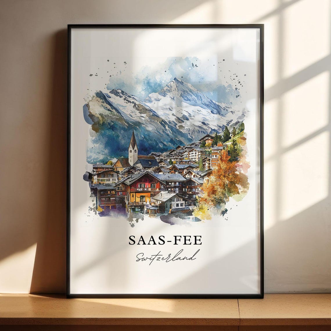 Saas Fee Switzerland Alpine Chalets Watercolor Snowy Peaks Poster - Image 4