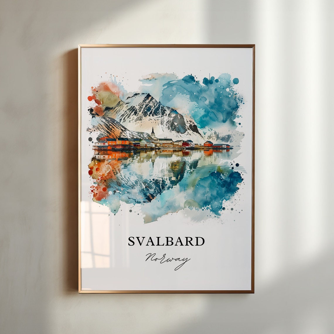 Svalbard Norway Watercolor Arctic Village Snowy Mountain Peak Poster