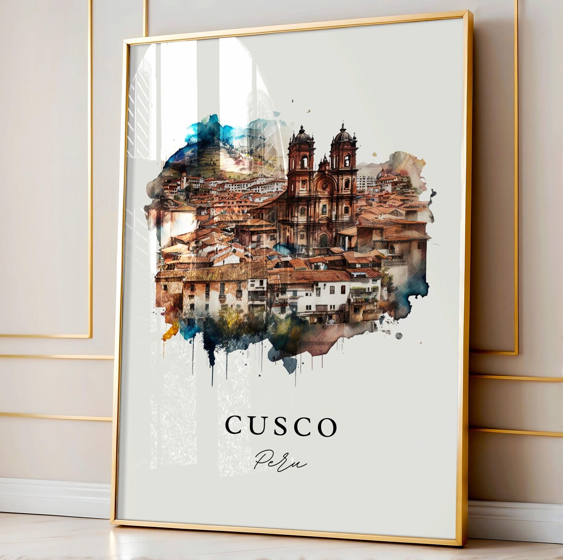Cusco Peru Historic Old Town Twin Church Towers Watercolor Poster - Image 4