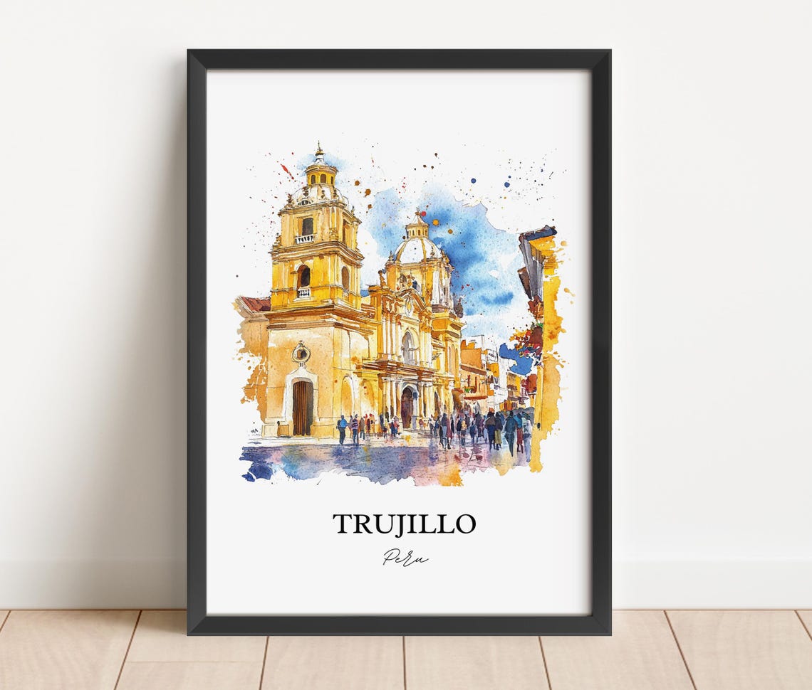 Trujillo Peru Golden Colonial Church Watercolor Travel Poster - Image 2