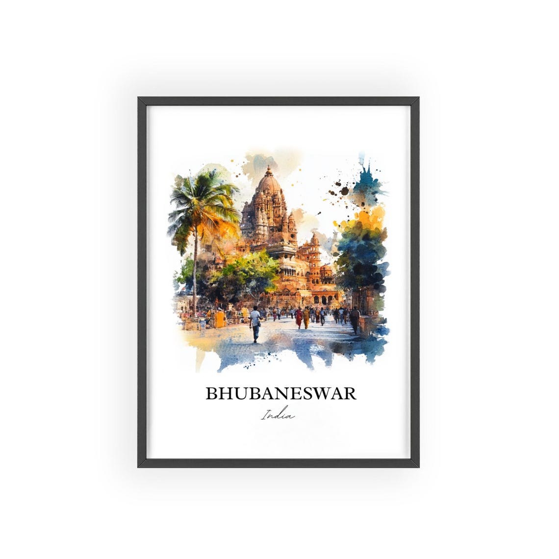 Bhubaneswar India Watercolor Ancient Temple Street Scene Poster - Image 2
