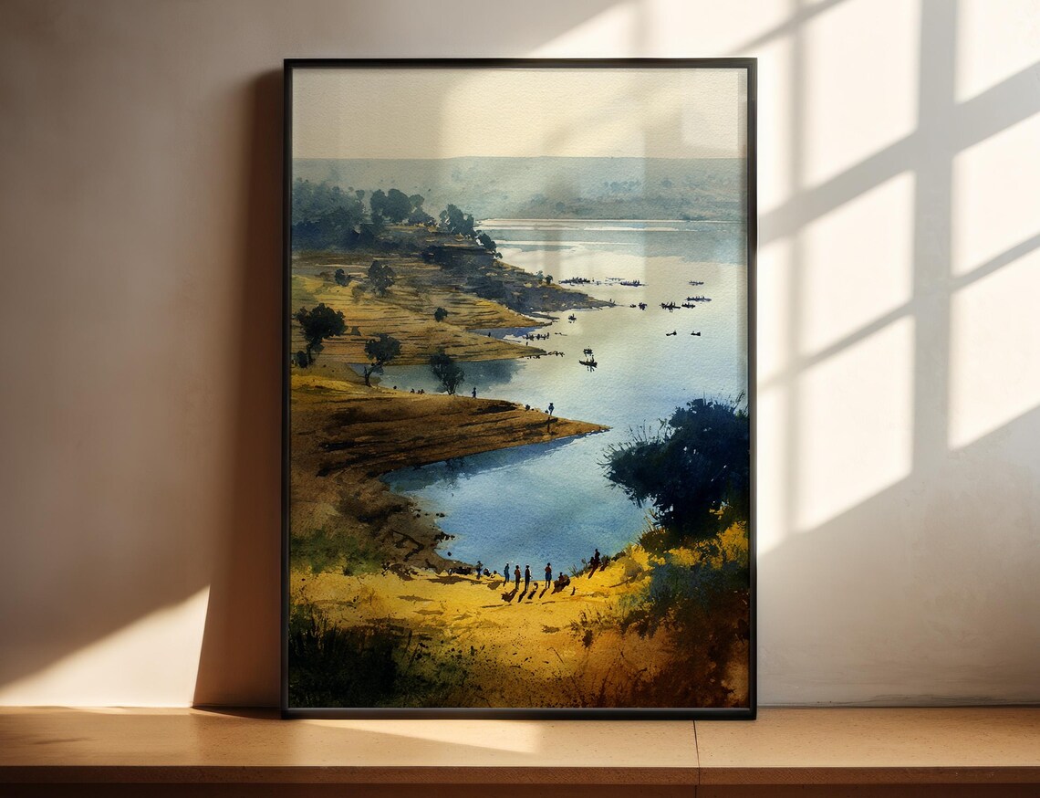 Lake Tana Ethiopia Golden Lakeside Watercolor Travel Art Poster