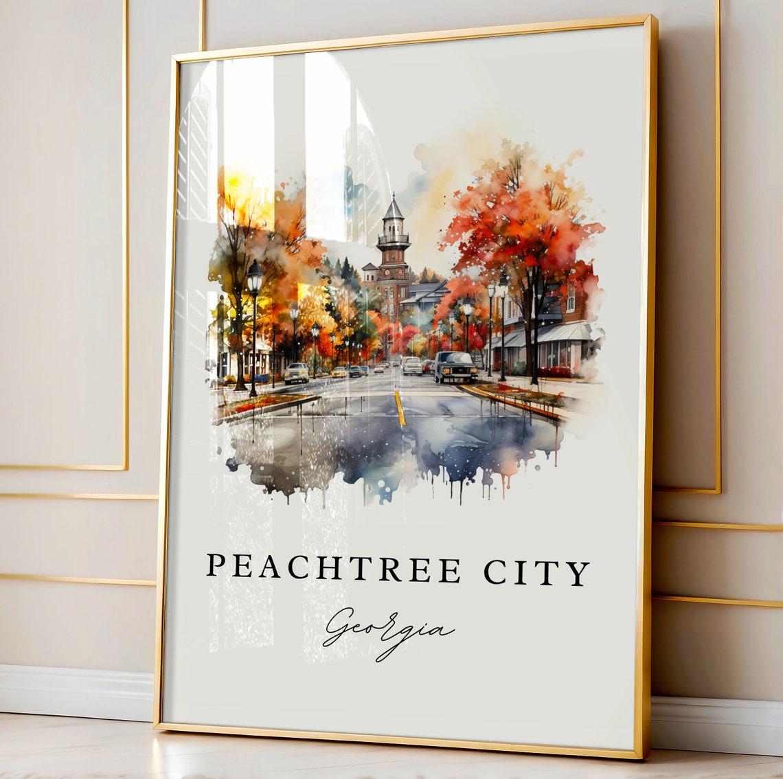 Peachtree City Georgia Watercolor Autumn Street Clock Tower Poster - Image 4