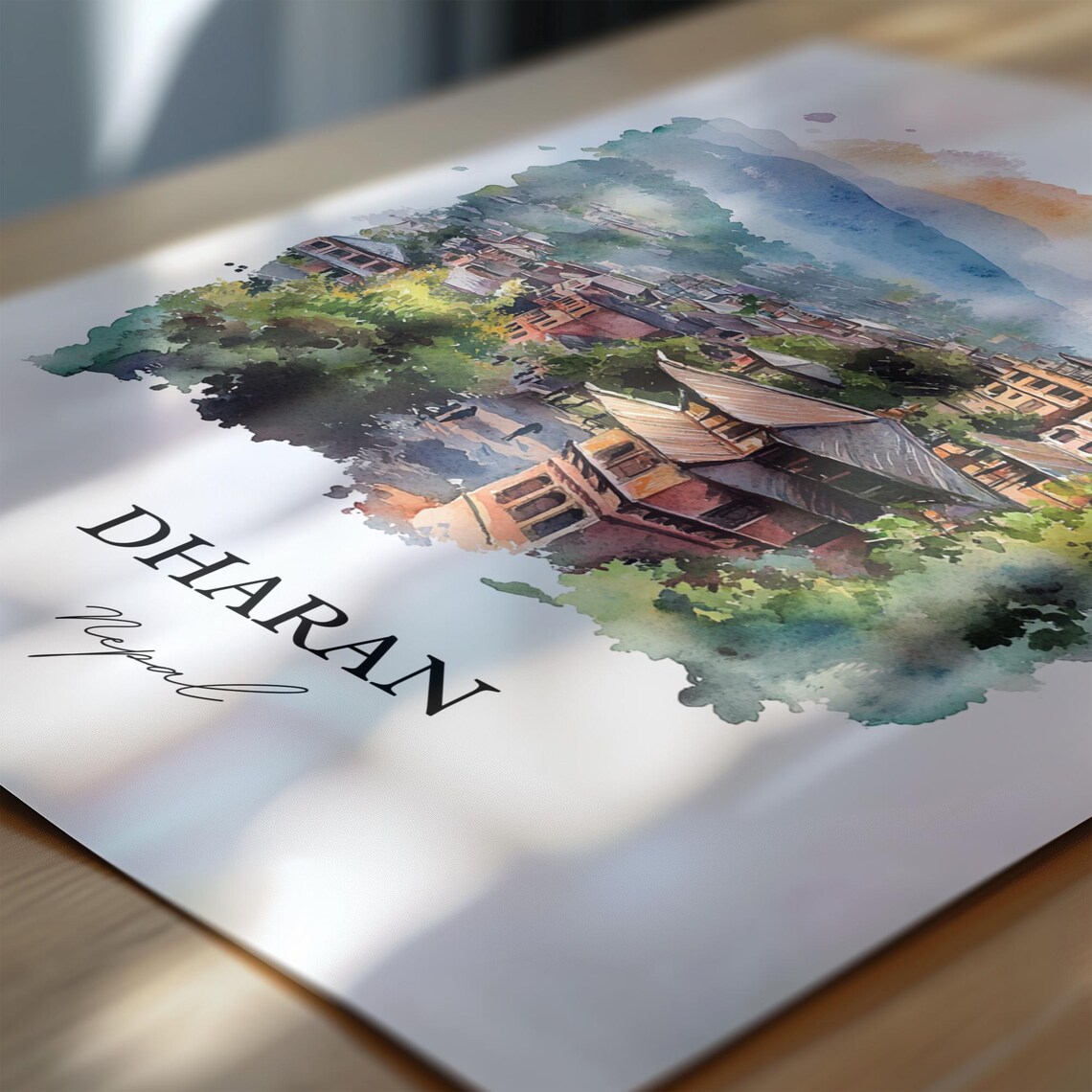 Dharan Nepal Watercolor Green Hill Town Pagoda Travel Poster - Image 7