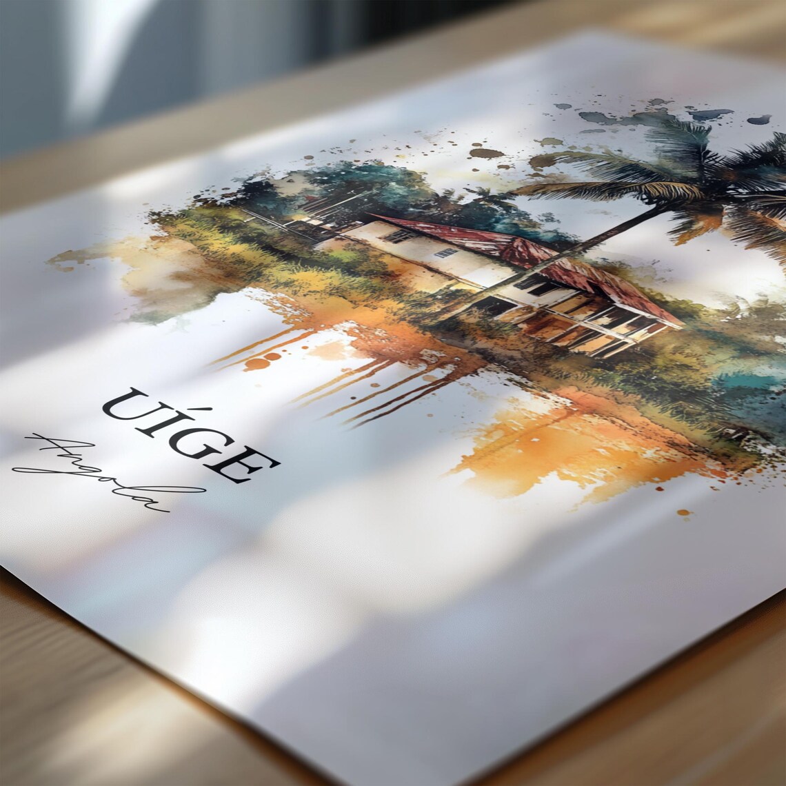 Uige Angola Tropical House Palm Tree Watercolor Travel Poster - Image 6