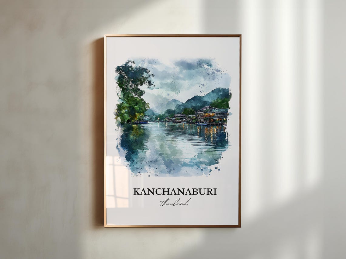 Kanchanaburi Thailand Watercolor River Houses Jungle Art Poster - Image 4