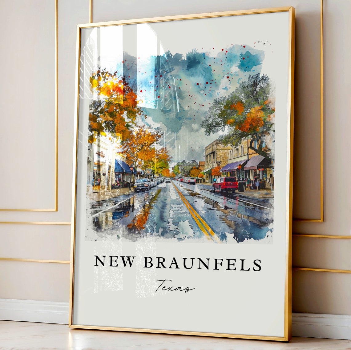 New Braunfels Texas Autumn Main Street Watercolor Travel Poster - Image 4