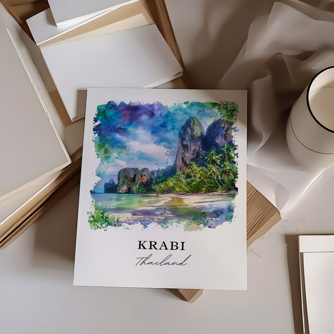 Krabi Thailand Watercolor Limestone Cliffs Beach Boat Scene Poster - Image 6