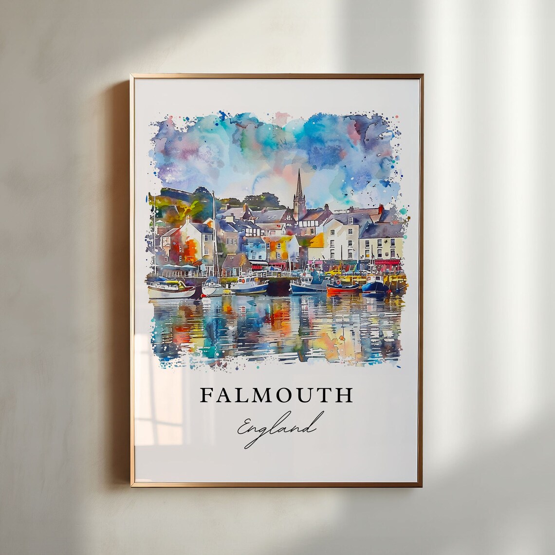 Falmouth England Watercolor Harbor Colorful Boats Town Poster